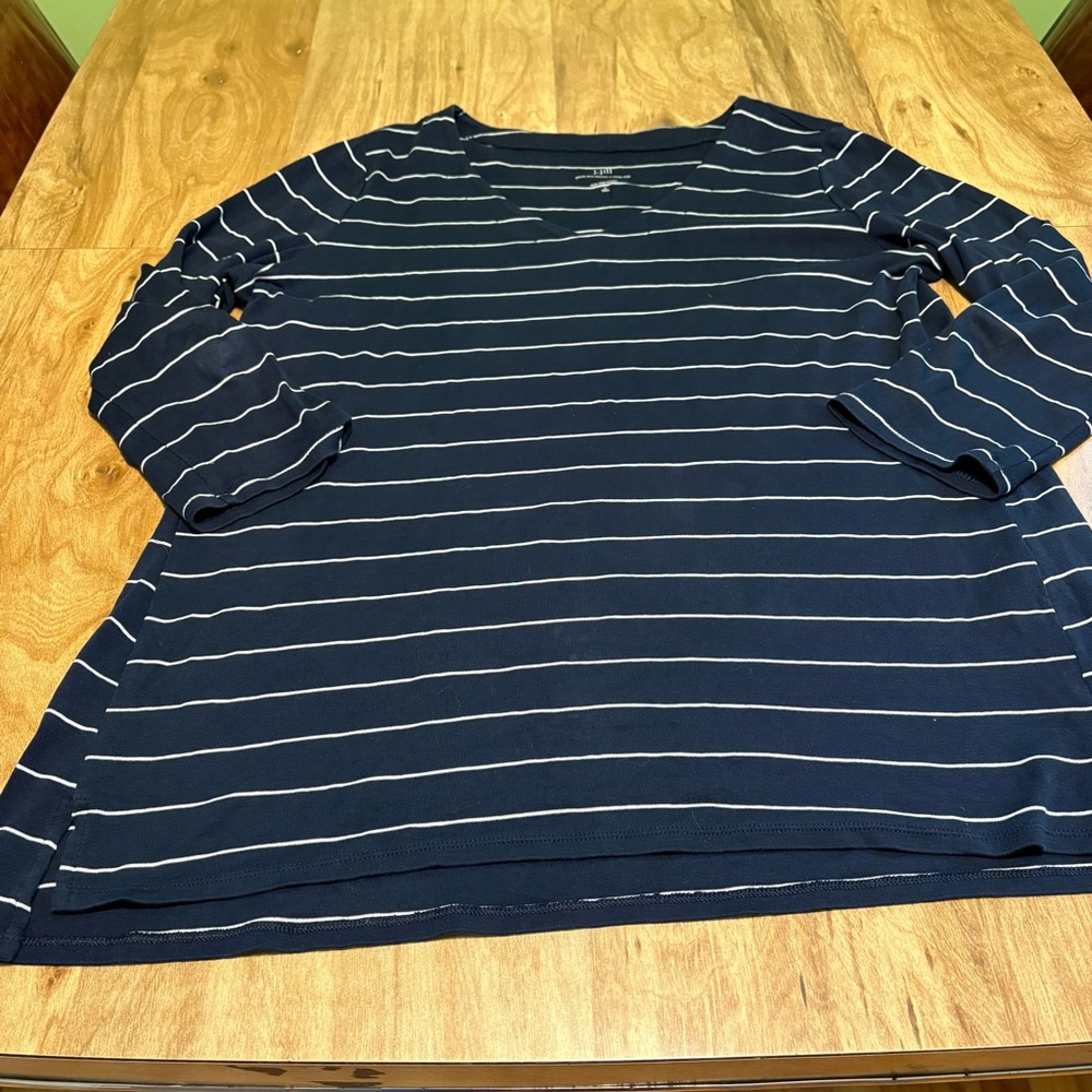 3/$25 J Jill Navy Blue White Stripe Pima 3/4 Sleeve V-Neck Top Size XL Tall